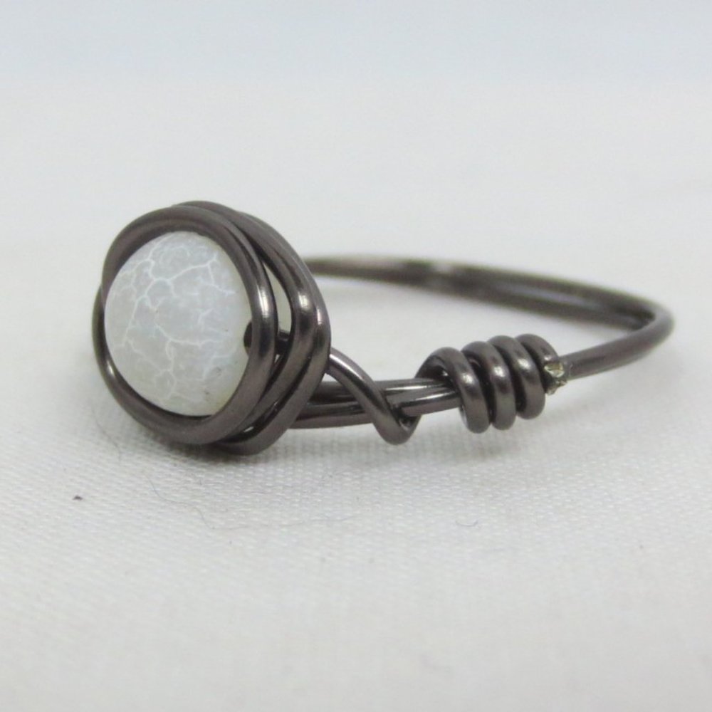 Handcrafted Ring White Crackle Quartz Crystal Gunmetal Wire Wrap Everyday Size 7